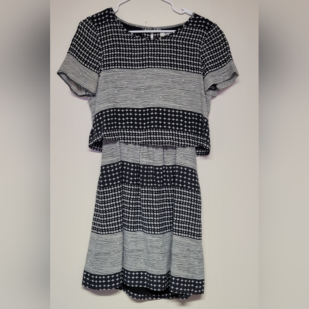 MADEWELL Black + White HashtagStripe Print Silk Short Sleeve DressSize 0